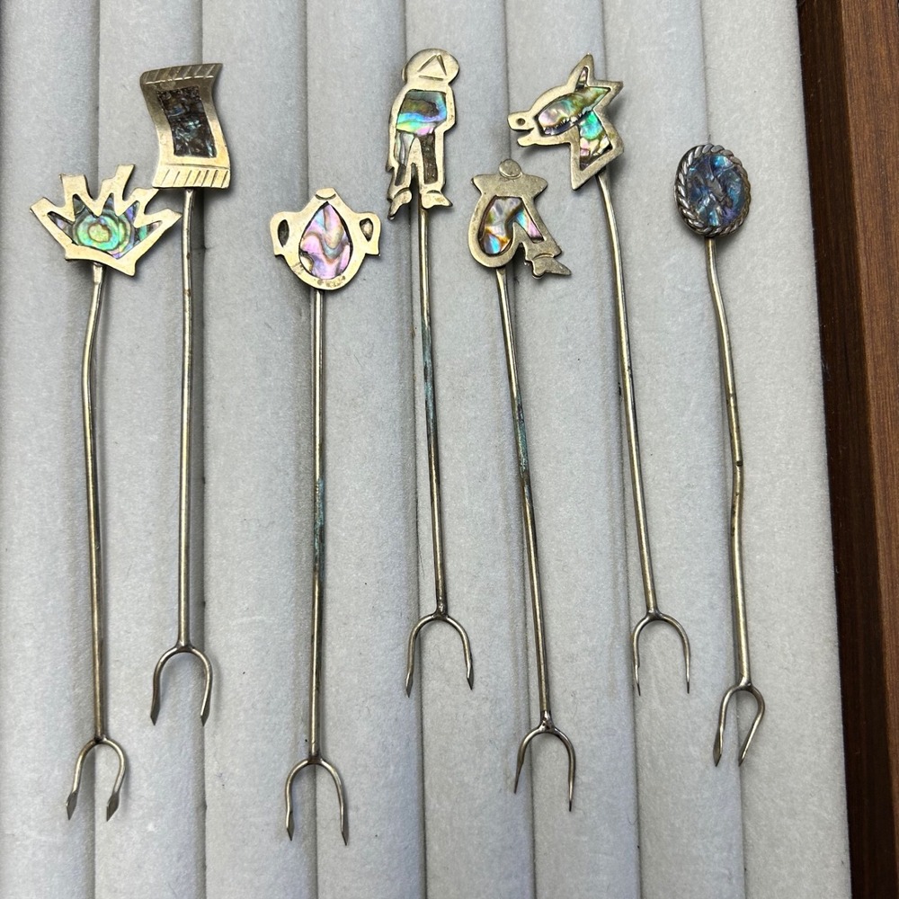 Taxco Mexican Silver Abalone Inlay Cocktail Forks Vintage Set of 7 Figural Picks